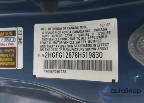 2008 Honda Civic Lx z USA, uszkodzony, nr VIN 2HGFG12678H519830